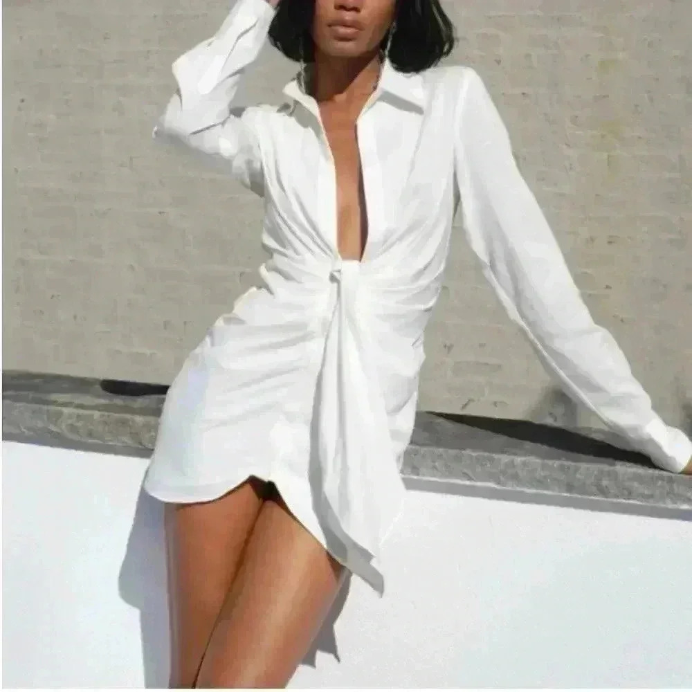 Choosy women’s draped cream ivory low Deep Plunge collar long sleeve button down